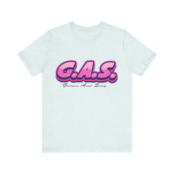 Light blue t-shirt with pink 'G.A.S.' logo on a white background