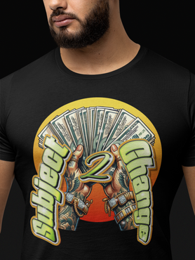 Black t-shirt with a colorful graphic design featuring money and text on a black background.