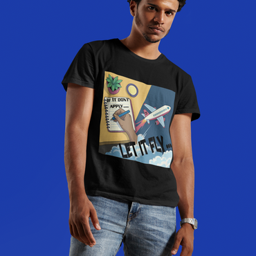 Man wearing a black LET IT FLY t-shirt with a colorful graphic design on a blue background