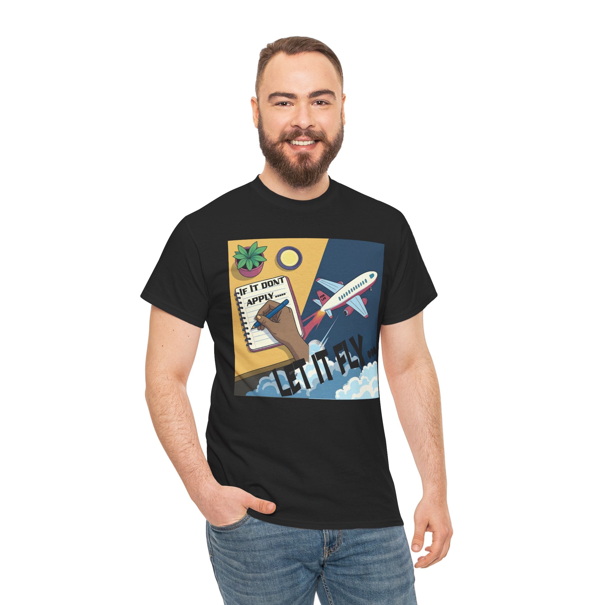 Man wearing a black t-shirt with a colorful graphic design on a white background