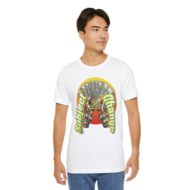 Man wearing a white t-shirt with a graphic design on a white background