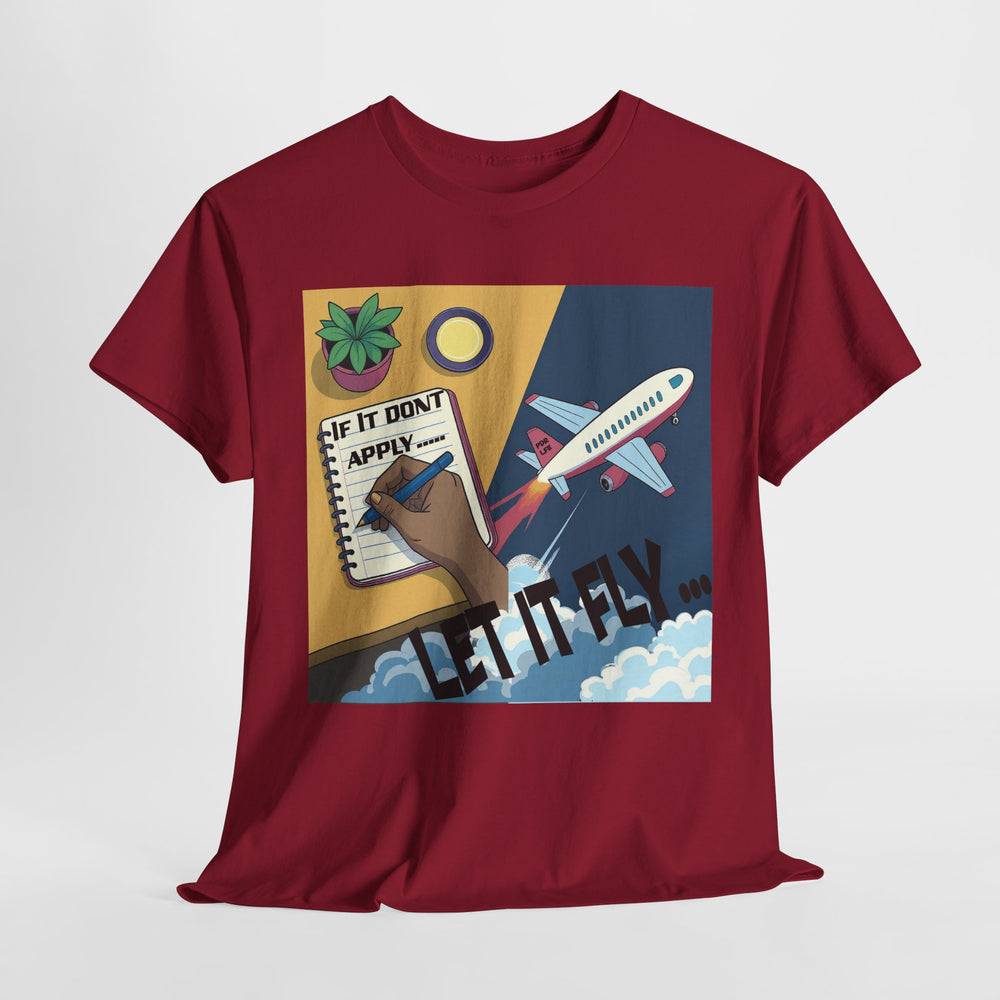 Maroon t-shirt with a colorful graphic design on a white background