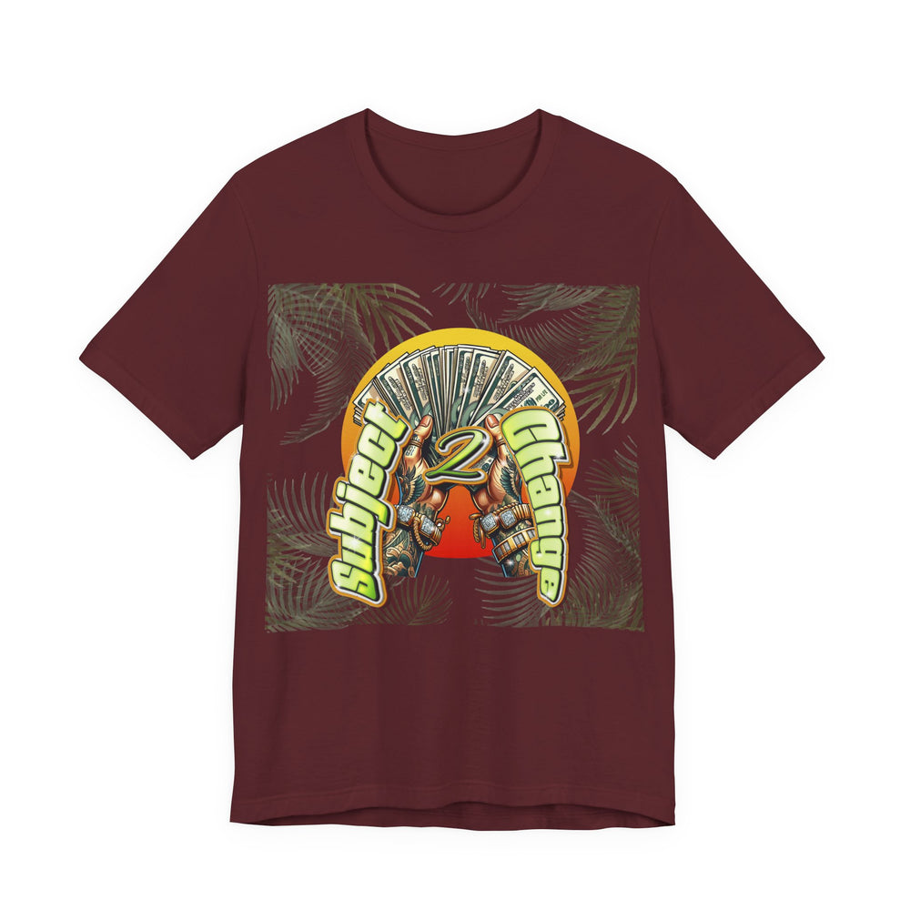 Maroon t-shirt with a graphic design on a white background