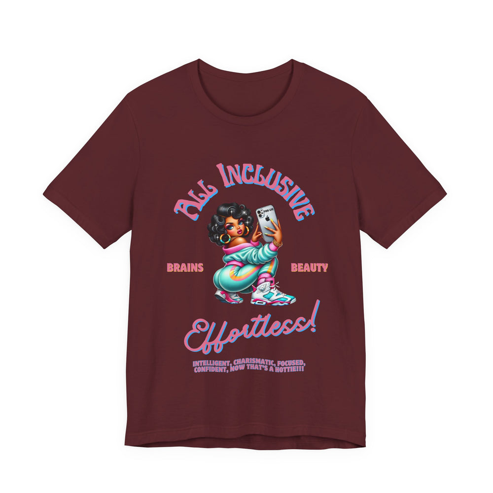 Maroon t-shirt with graphic design and text on a white background