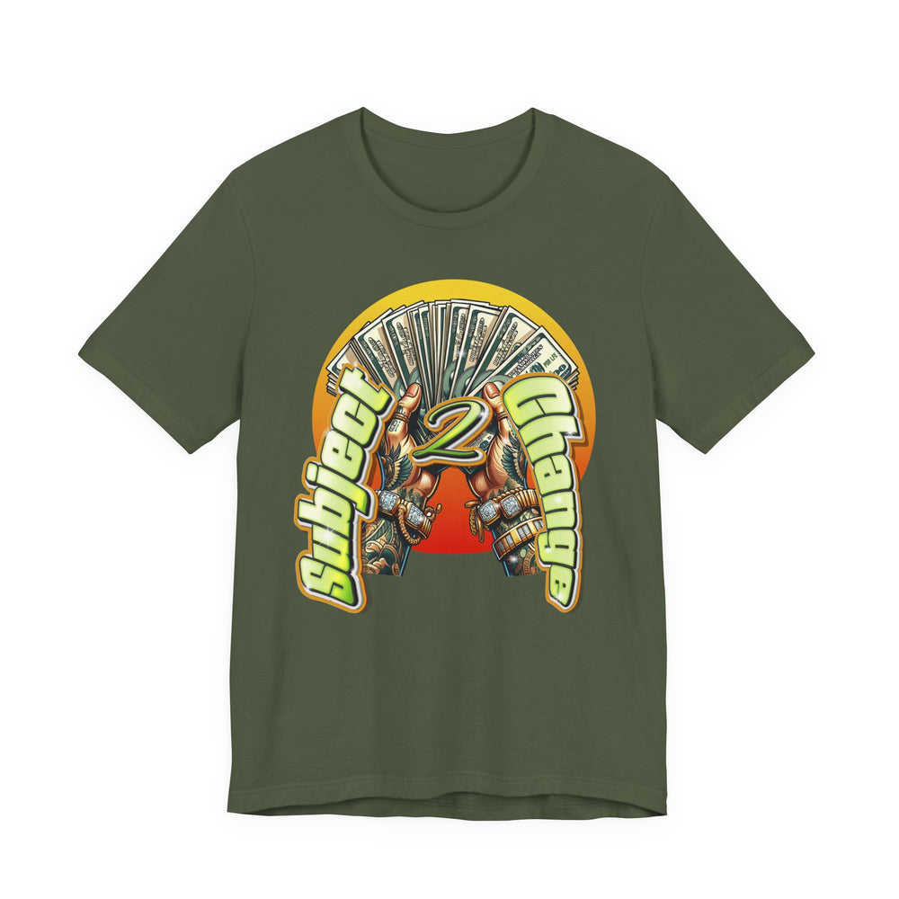 Military Green t-shirt with a graphic design on a white background
