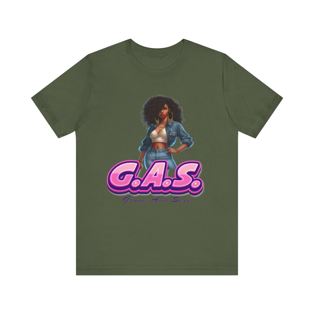 Military Green t-shirt with a graphic of a woman and 'G.A.S.' text on a white background