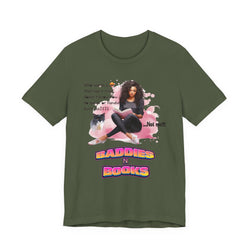 Military Green t-shirt with a graphic of a woman, cat, and text 'Baddies N Books' on a white background