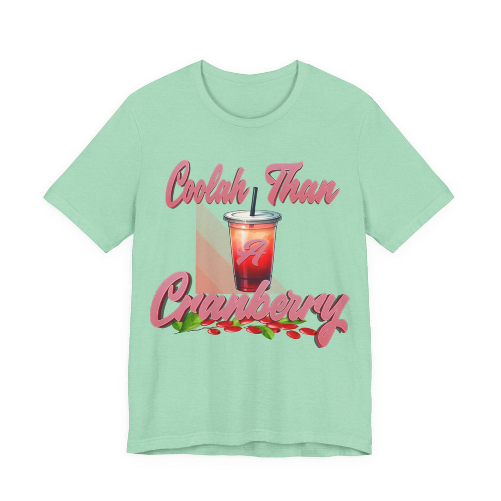 Mint green t-shirt with a graphic of a drink and text on a white background
