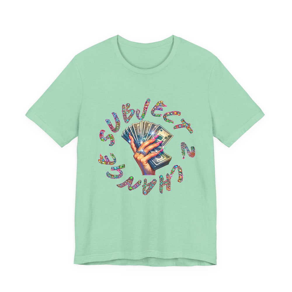 Mint green t-shirt with colorful graphic design on a white background