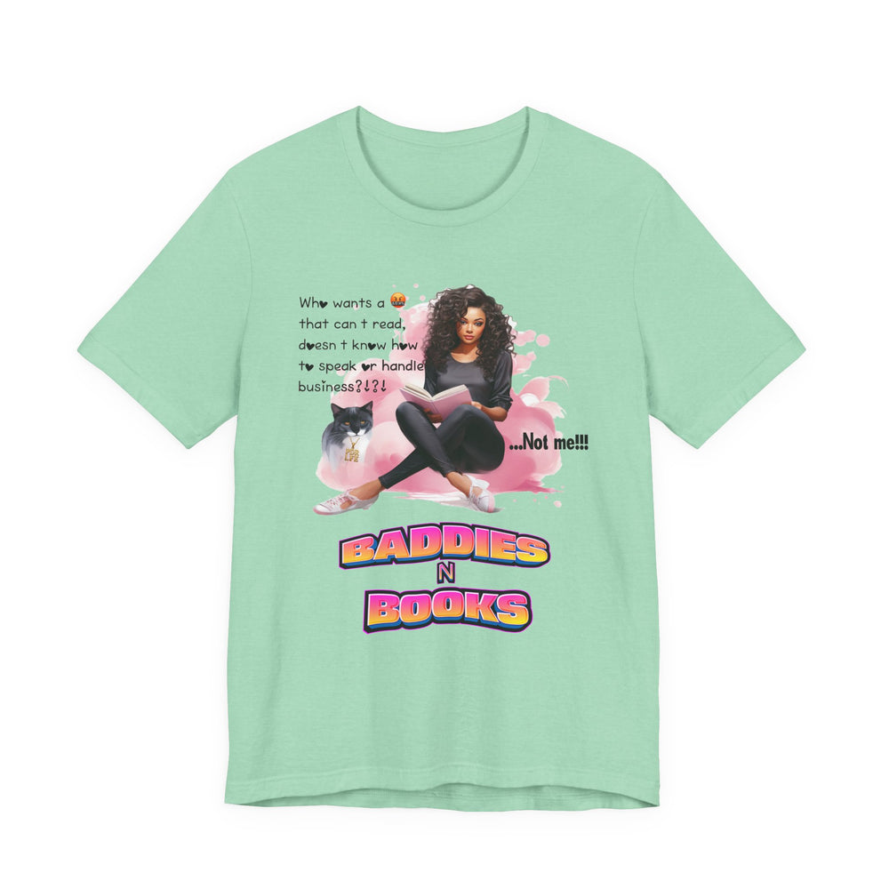 Mint green t-shirt with graphic design and text on a white background