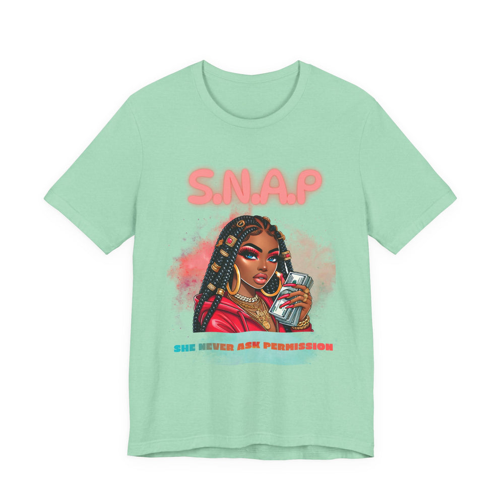 Mint green t-shirt with graphic design of a woman and text on a white background