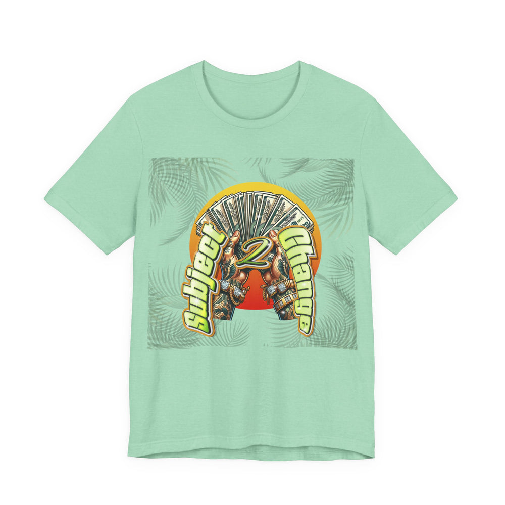 Mint green t-shirt with graphic design on a white background.