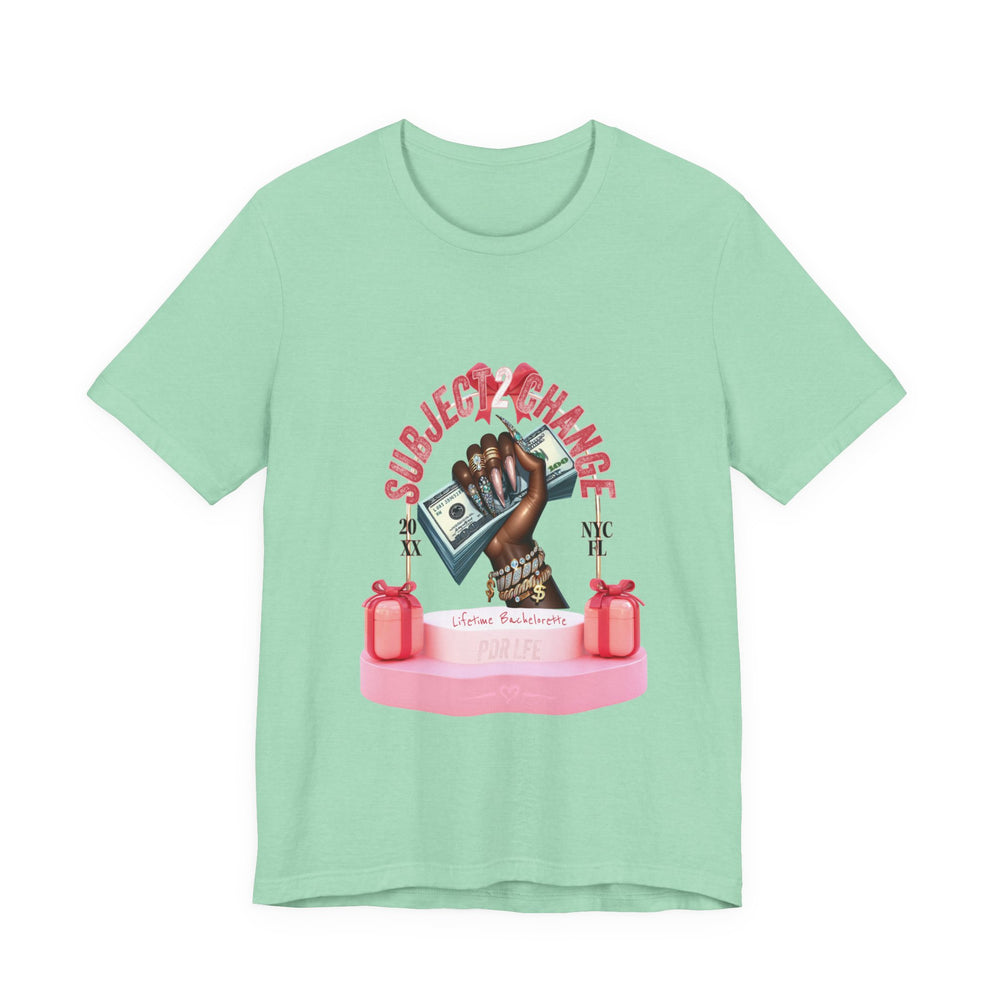 Mint green t-shirt with graphic design on a white background