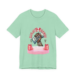 Mint green t-shirt with graphic design on a white background