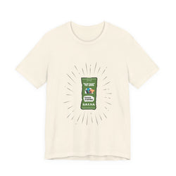 Natural t-shirt with a graphic of a salsa packet on a white background