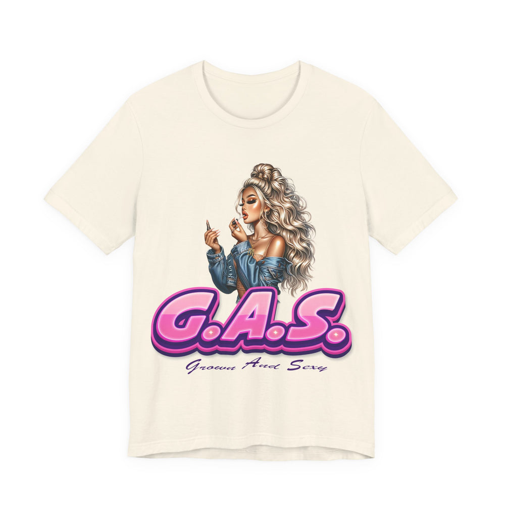 Natural  t-shirt with a graphic of a woman and 'G.A.S.' 3 text on a white background