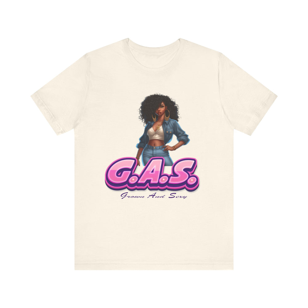 Natural  t-shirt with a graphic of a woman and 'G.A.S.' text on a white background