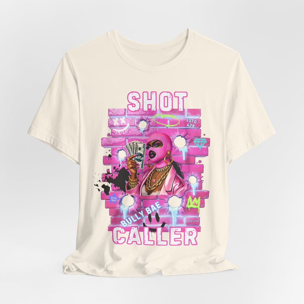 Natural t-shirt with colorful graphic design on a light gray background