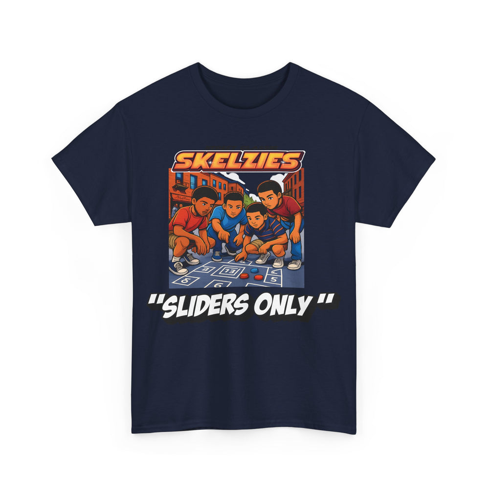 Navy blue t-shirt with 'Skelzies' graphic and 'Sliders Only' text on a white background