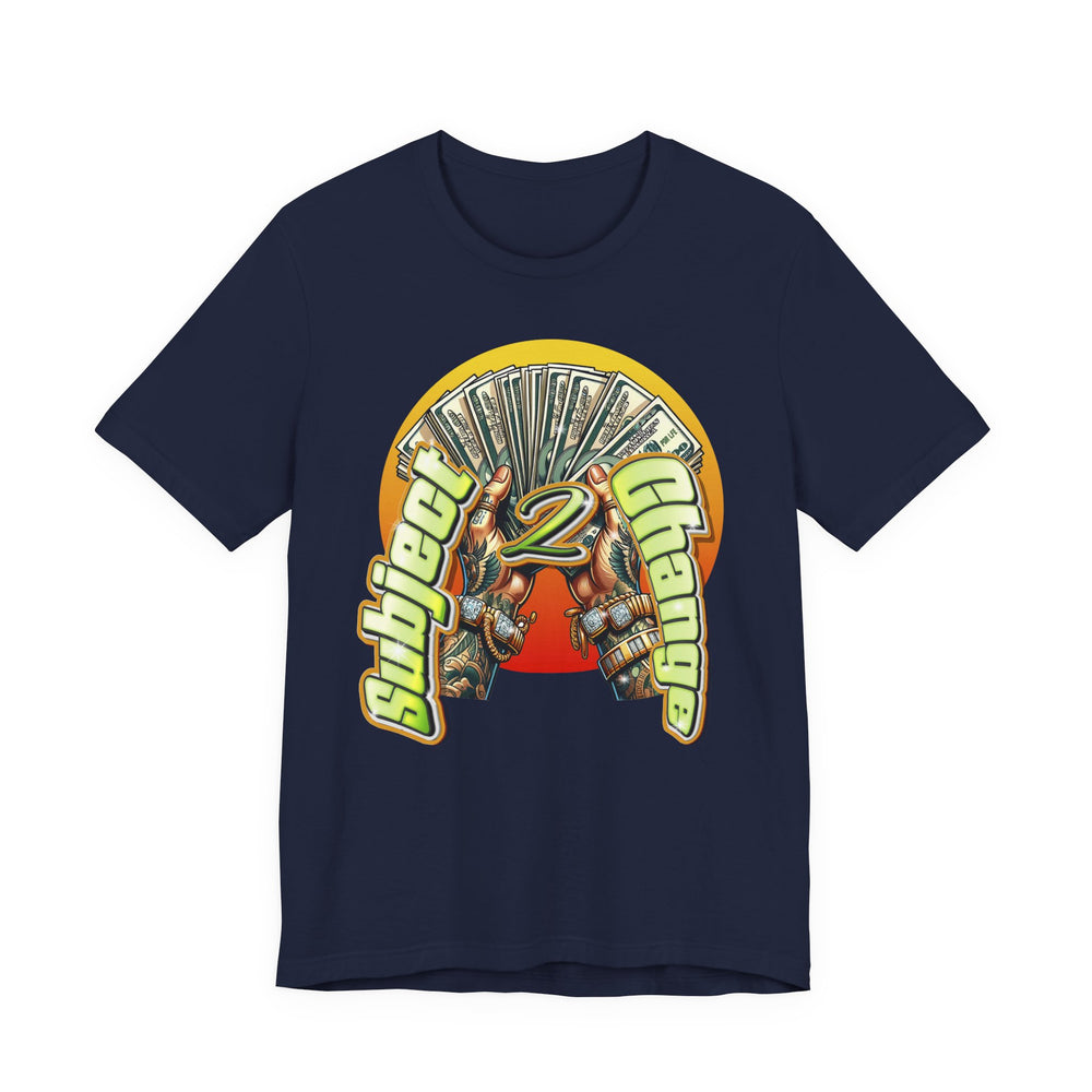 Navy blue t-shirt with a colorful graphic design on a white background