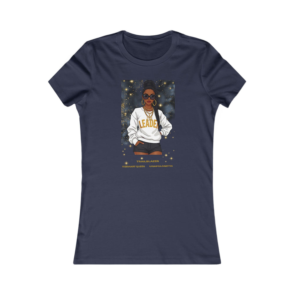 Navy blue t-shirt with a graphic of a person wearing a 'Leader' sweatshirt on a white background