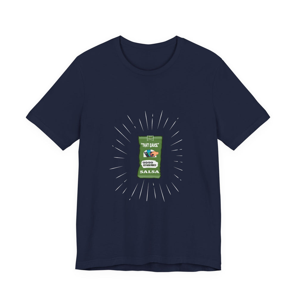 Navy blue t-shirt with a graphic of a salsa beats on a white background