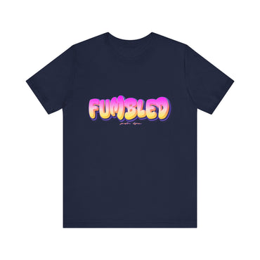 Navy blue t-shirt with colorful 'FUMBLED' text on a white background