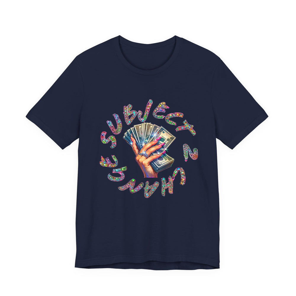 Navy blue t-shirt with colorful graphic design on a white background