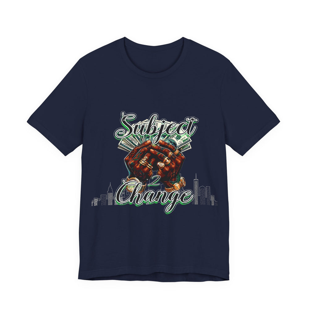 Navy blue t-shirt with graphic design and text on a white background