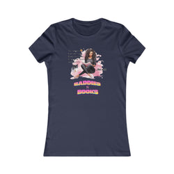 Navy blue t-shirt with graphic design of a woman, text, and a pink couch on a white background