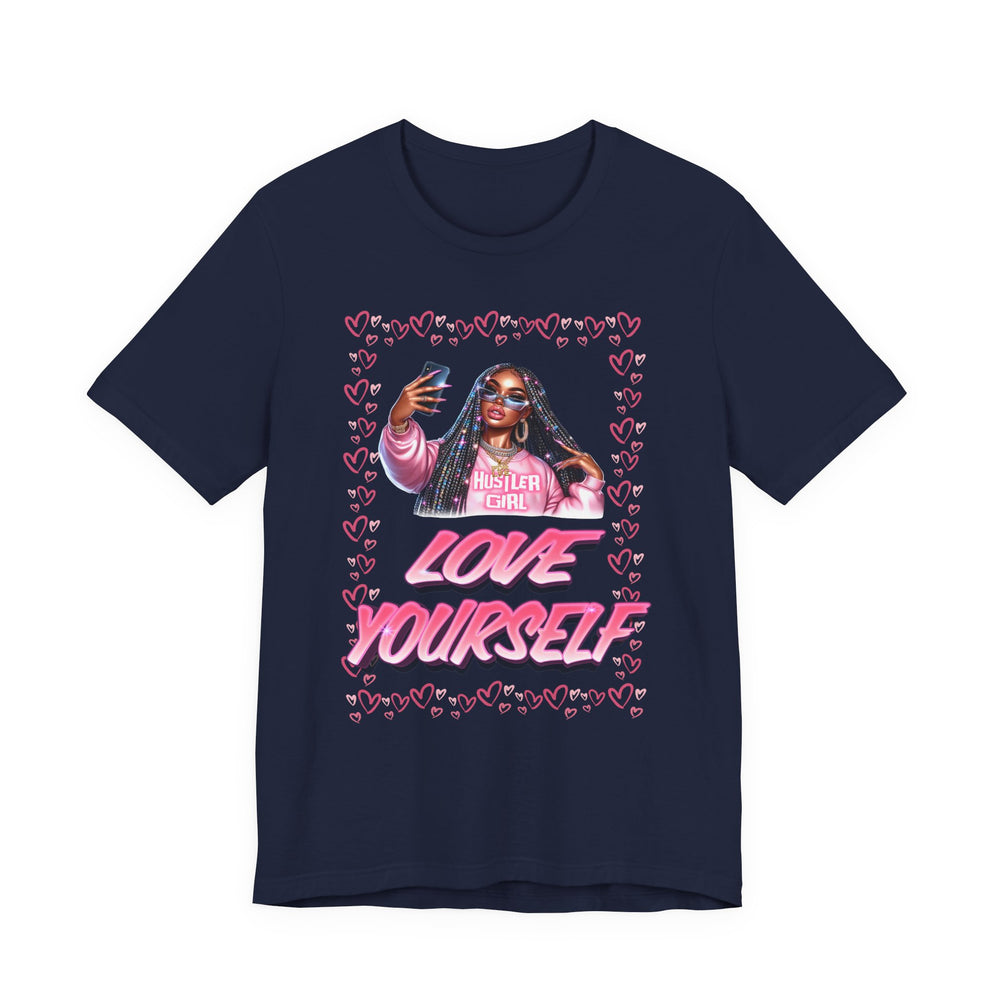 Navy blue t-shirt with graphic design of a woman, text, and hearts on a white background