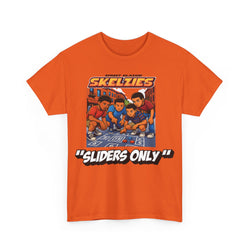Orange t-shirt with 'Skelzies' graphic and text on a white background