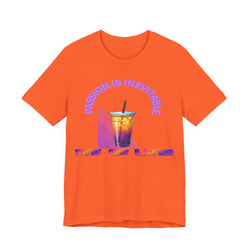 Orange t-shirt with a colorful graphic and text on a white background