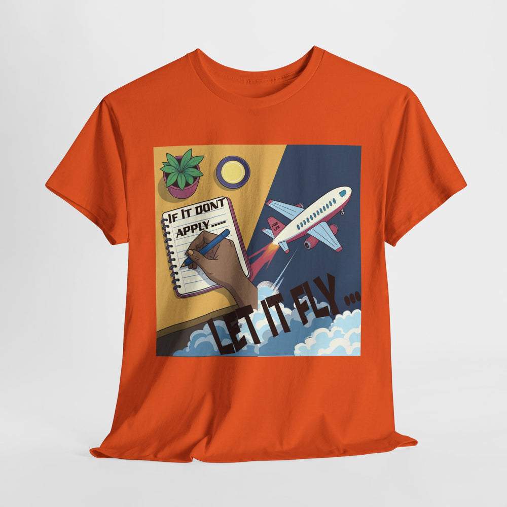 Orange t-shirt with a graphic design featuring an airplane and text on a white background