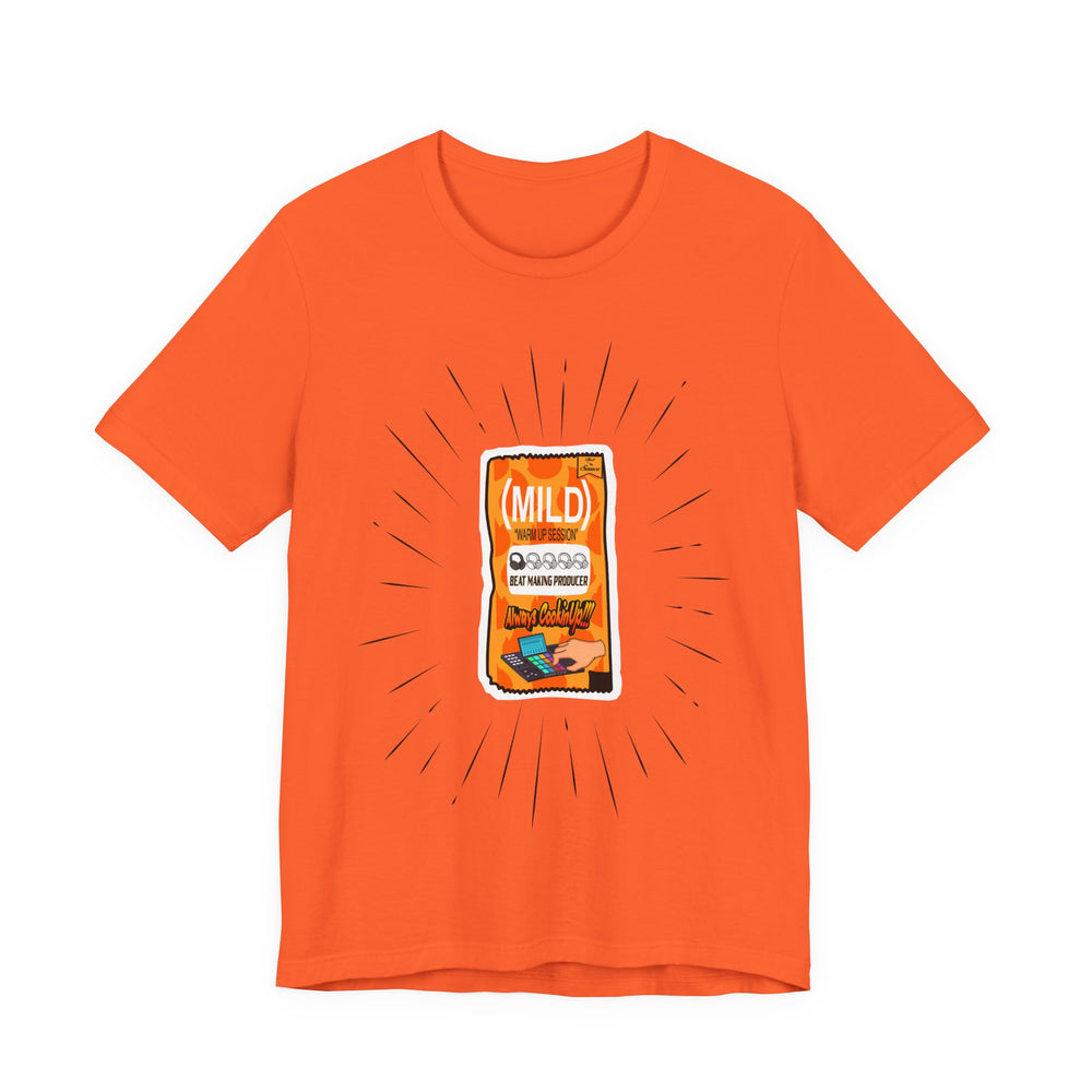Orange t-shirt with a graphic of a snack package on a white background
