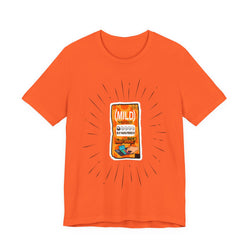 Orange t-shirt with a graphic of a snack package on a white background