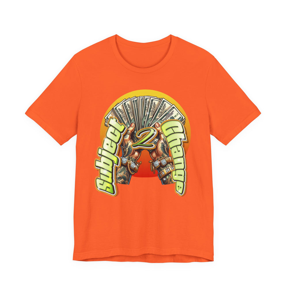 Orange t-shirt with graphic design and 'Subject' text on a white background