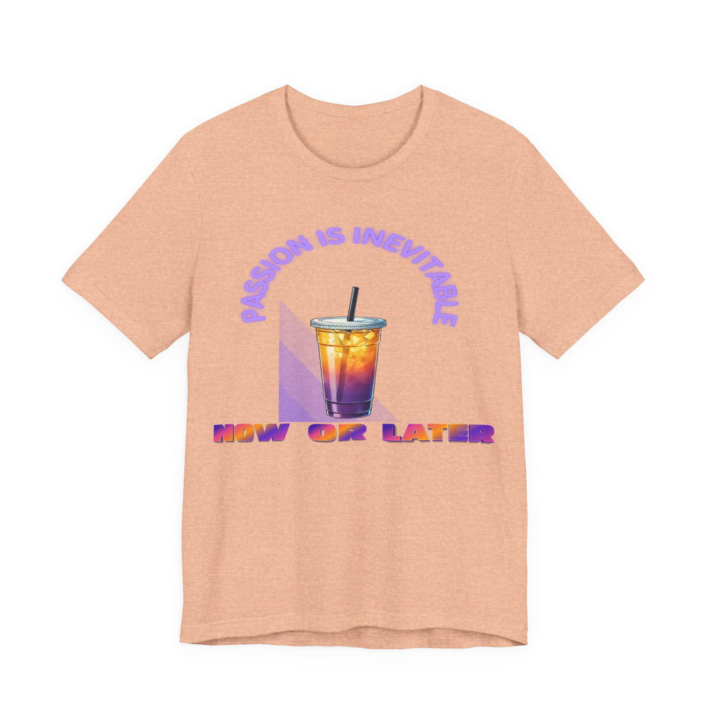 Peach t-shirt with a colorful graphic and text on a white background