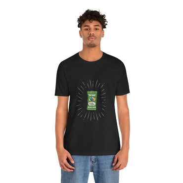 Person wearing a black SALSA BEATS t-shirt with a graphic design on a white background