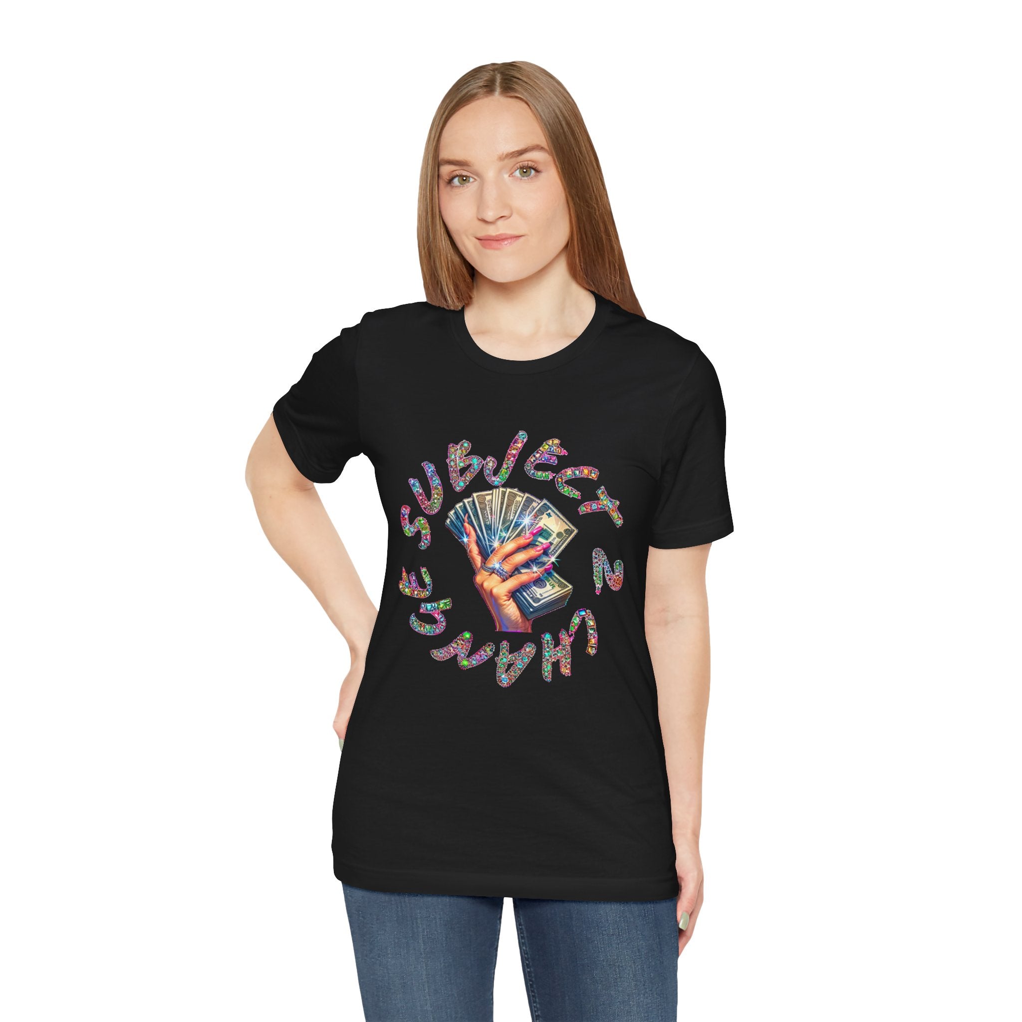 Person wearing a black t-shirt with colorful graphic design on a white background