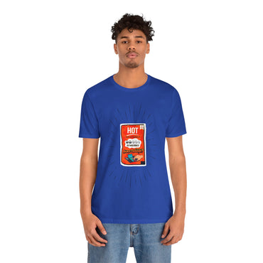 Person wearing a blue t-shirt with a graphic design on a white background