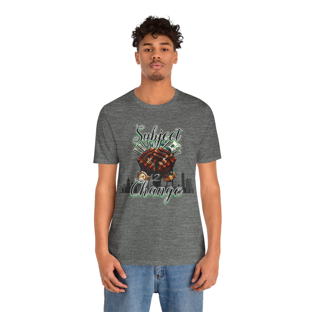 Person wearing a gray t-shirt with a graphic design on a white background