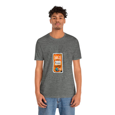 Person wearing a gray t-shirt with a graphic of a hot sauce bottle on a white background
