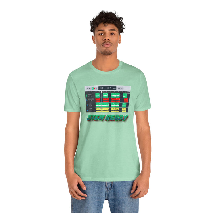 Person wearing a light green t-shirt with a graphic design on a white background