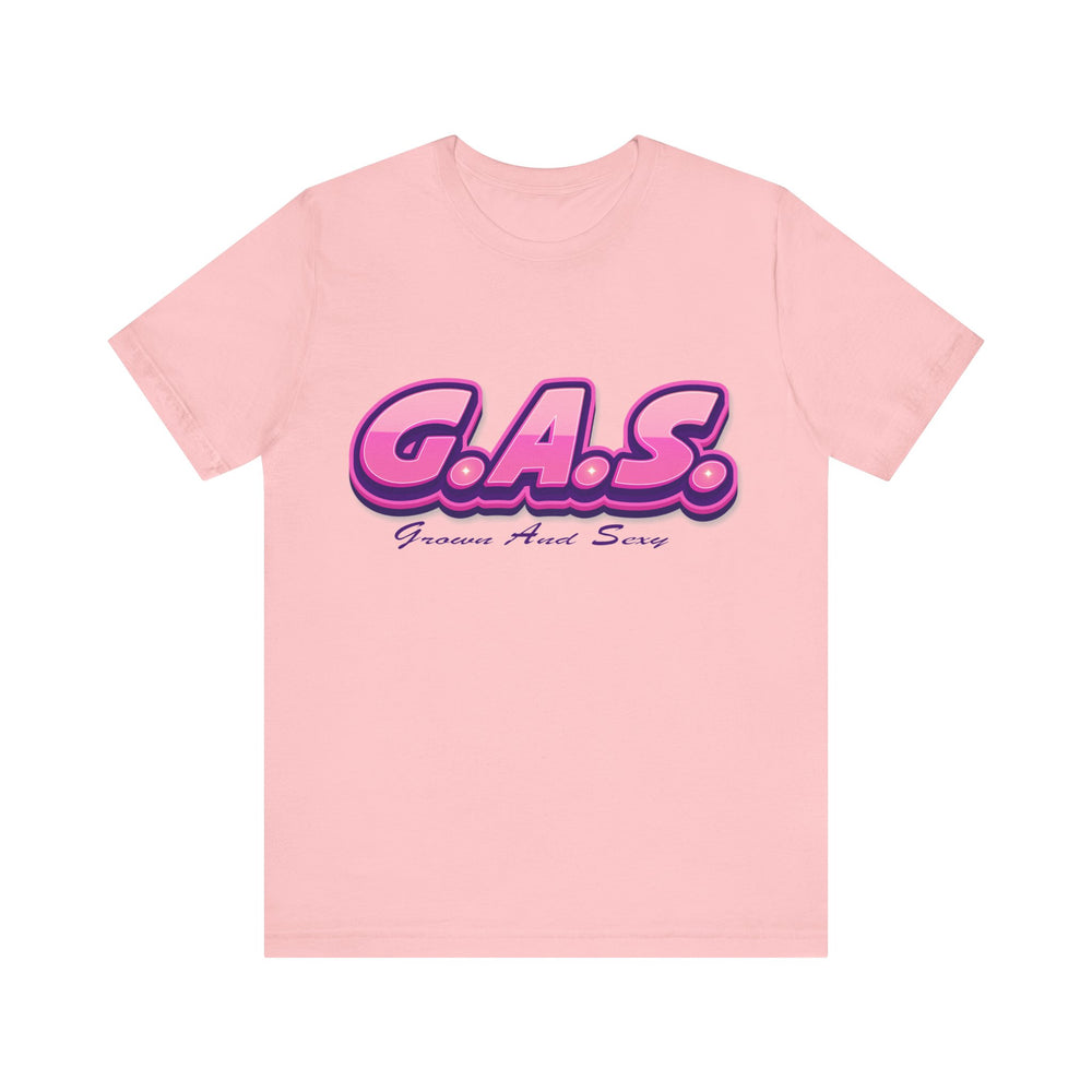 Pink t-shirt with 'G.A.S.' text on a white background