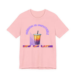 Pink t-shirt with a colorful drink graphic and text on a white background