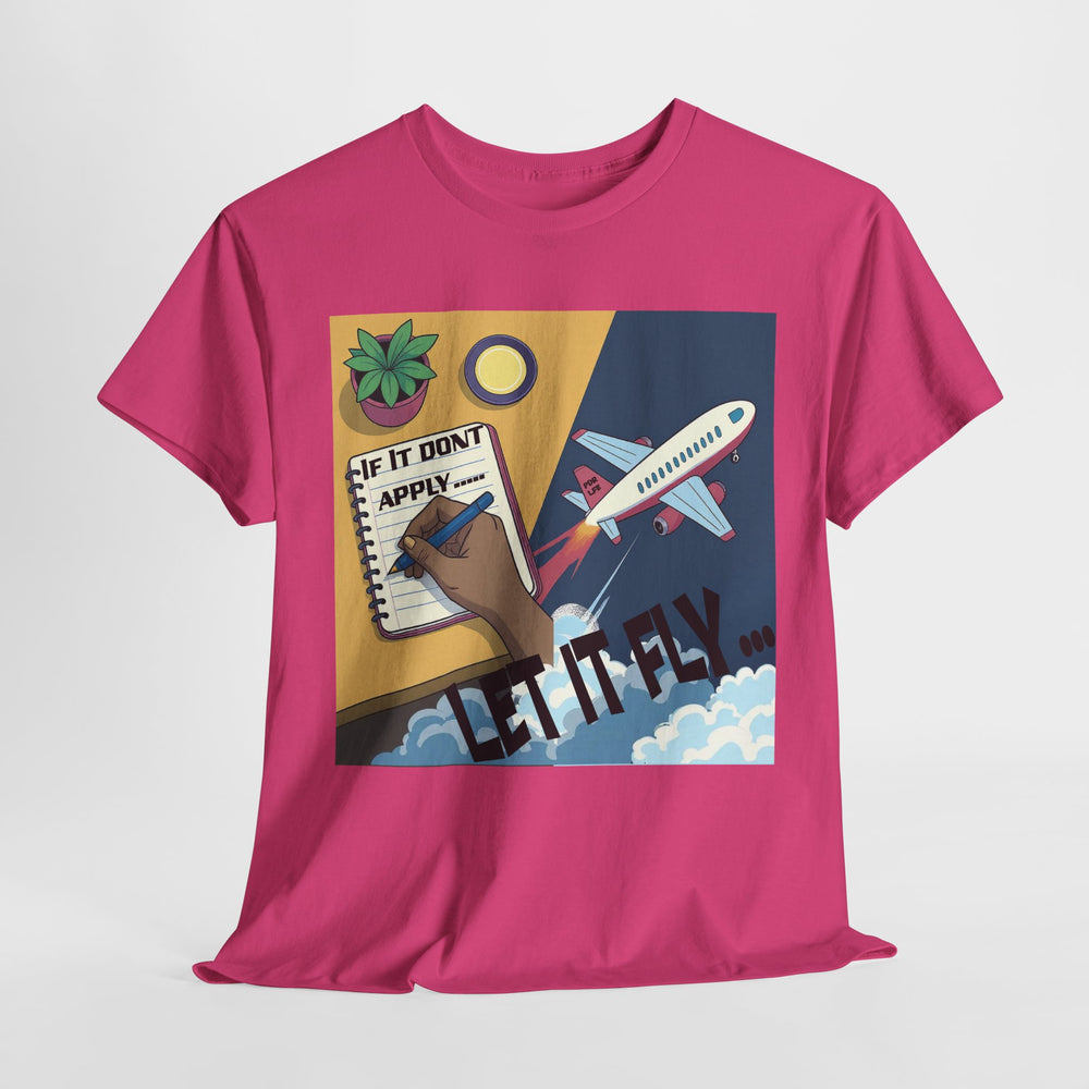 Pink t-shirt with a colorful graphic design on a white background
