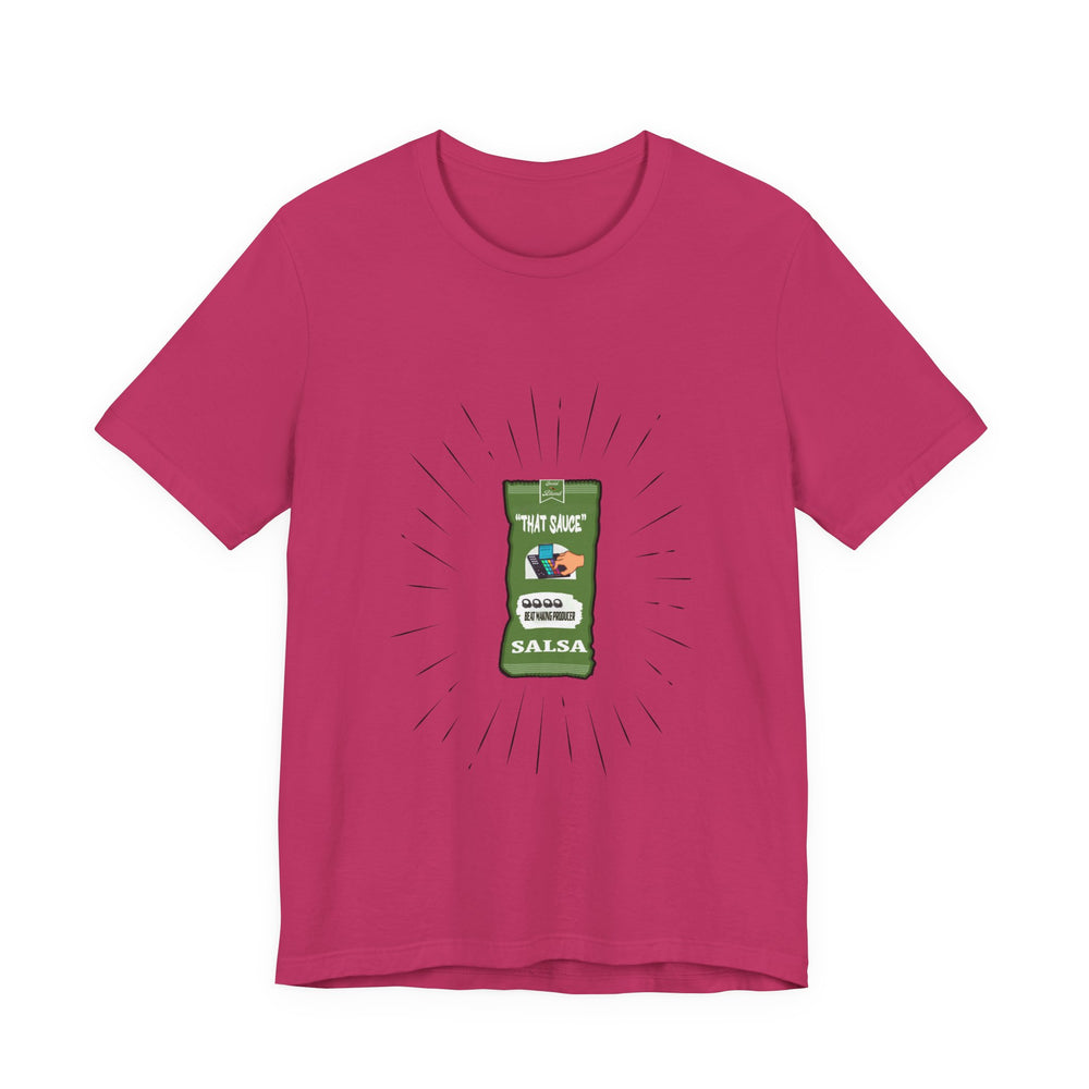 Pink t-shirt with a graphic of a salsa bottle label on a white background
