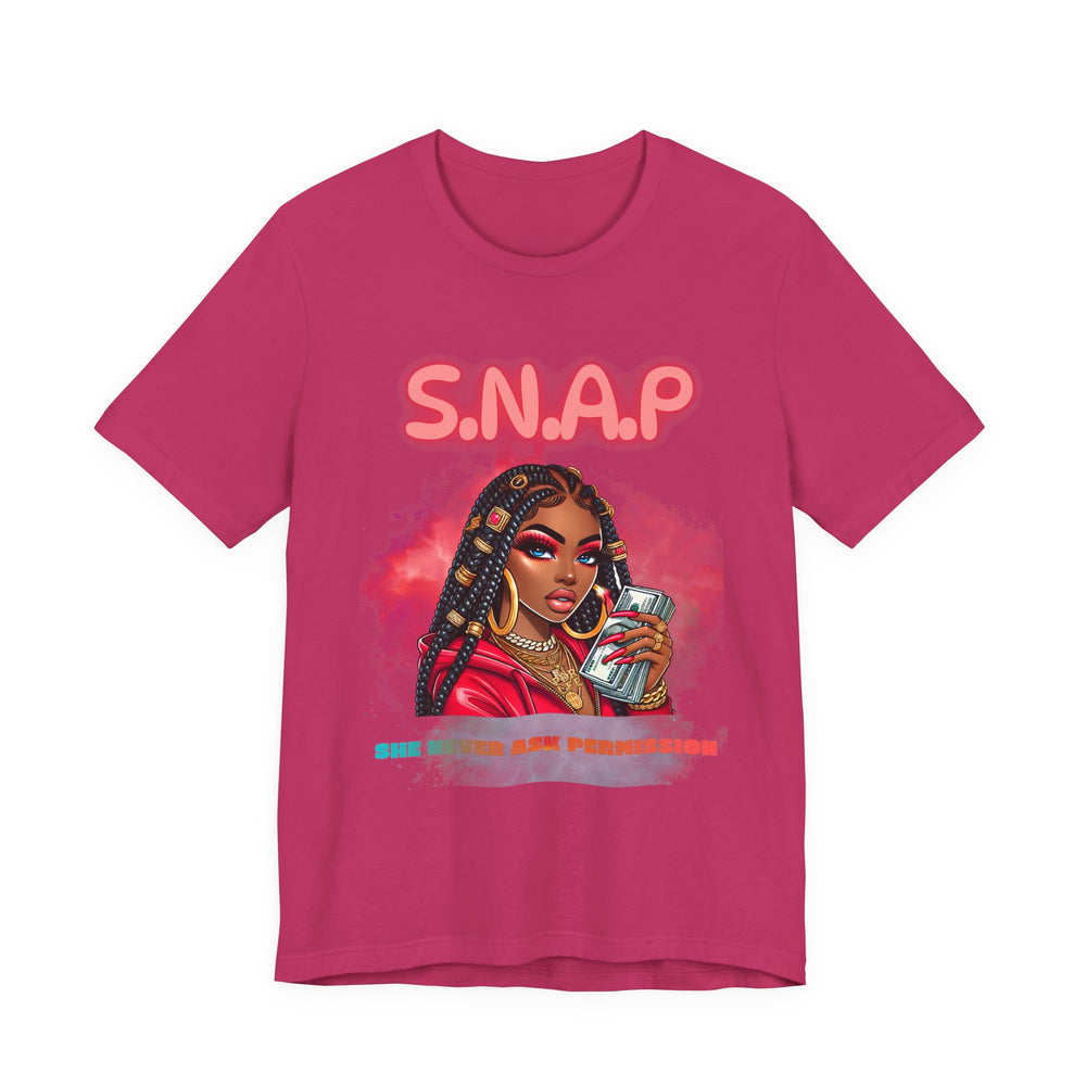 Pink t-shirt with a graphic of a woman and 'S.N.A.P' text on a white background