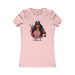 Pink t-shirt with a graphic of a woman holding a trophy and the word 'BOLD' on a white background